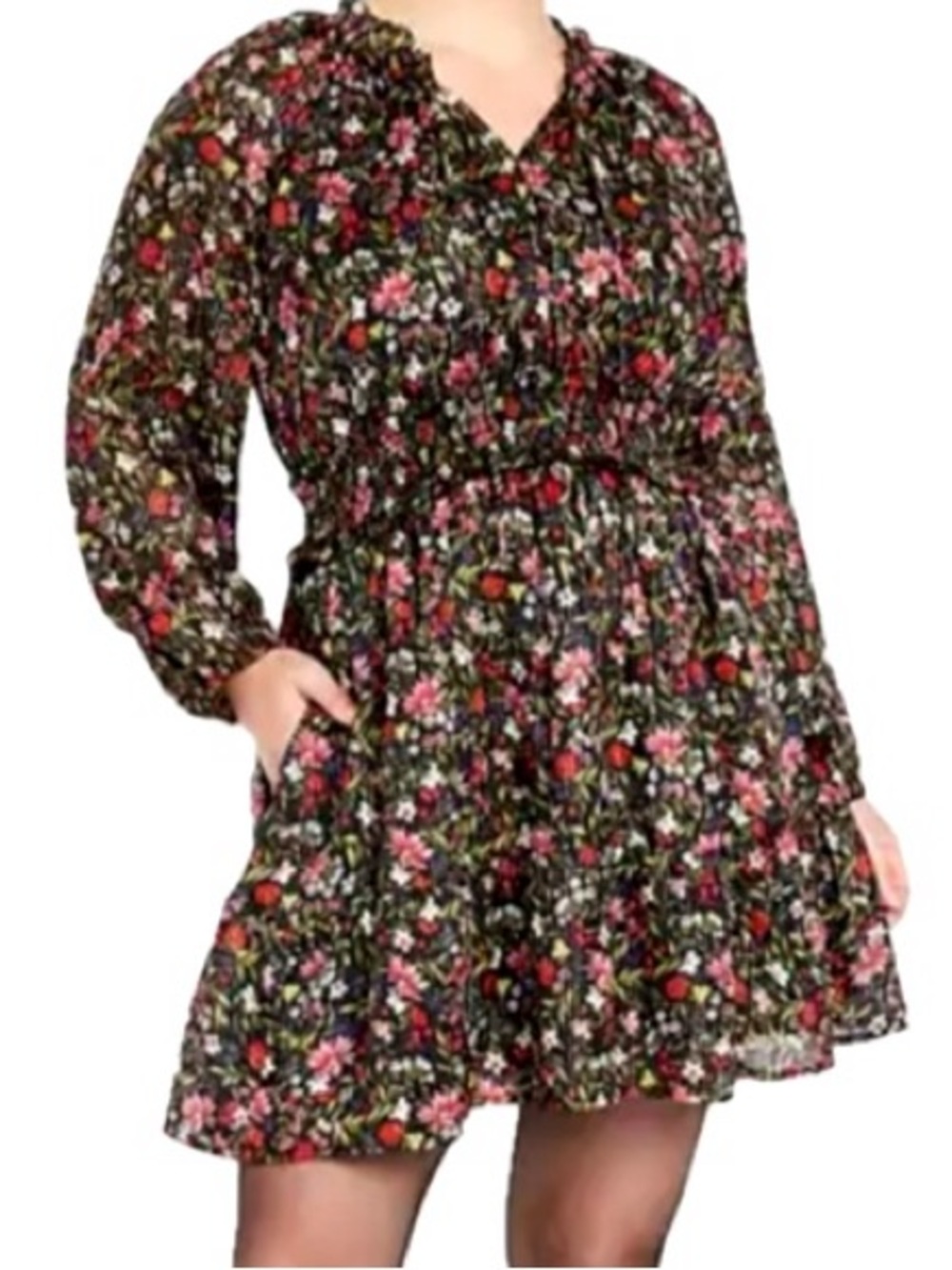 Old Navy Metallic Floral Long Sleeve Dress Size 2X Ruffle Smocked Peasant Mini